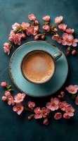 Hot chocolate in turquoise ceramic cup surrounded by delicate pink cherry blossom branches on dark teal background, creating romantic spring atmosphere.