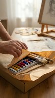 Artist hand opening wooden watercolor paint set in sunlit studio workspace with easel and brushes for creative painting projects.