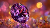 Purple diamond gemstone with faceted cut on blurred bokeh background with golden and purple lights. Luxury jewelry concept.