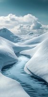 Serene winter landscape with snow-covered mountains and winding river through pristine white drifts under dramatic cloudy sky in cool blue tones.