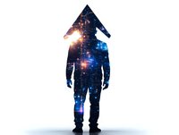 Male silhouette filled with starry night sky and bright cosmic lights against white background, double exposure effect creating surreal astronomical figure.
