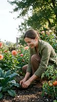 Happy middle-aged Caucasian woman gardener kneeling in flower garden planting seeds among colorful dahlias and vegetables in sunny backyard setting.