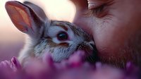 Tender moment between person and gray bunny rabbit among purple spring flowers at sunset, close-up view capturing emotional connection and gentle animal care.