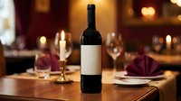 Red wine bottle with blank label on elegant restaurant table setting with glasses and warm ambient lighting for dining and hospitality branding.