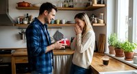 Young Caucasian couple sharing romantic moment in modern kitchen, man surprising woman with red gift box, expressing love and happiness together.
