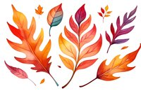Watercolor autumn leaves in warm orange and purple gradient colors on white background, isolated elements for seasonal design projects and fall decorations.