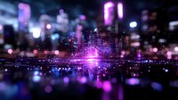 Futuristic cityscape with glowing purple and blue lights reflecting on water surface, creating dreamy bokeh effect against dark night skyline background.