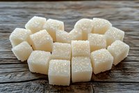 White sugar cubes arranged in heart shape on rustic wooden background, macro shot with selective focus showing crystalline texture and sweet details.