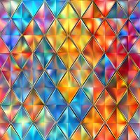 Vibrant geometric pattern with triangular shapes in rainbow colors and metallic silver borders creates seamless background for modern design projects and wallpapers.
