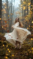Young Caucasian woman in flowing white dress dancing among falling autumn leaves with magical golden bokeh lights in enchanted forest setting.