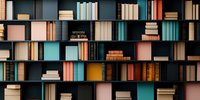 Modern bookshelf with colorful books arranged on geometric shelves in teal, coral, and yellow tones creating contemporary library interior design pattern.