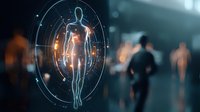 Futuristic hologram of human body with glowing energy points and anatomical scan interface against blurred people silhouettes in dark background.