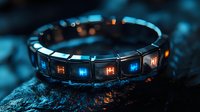 Futuristic glowing bracelet with alternating blue and orange LED lights on dark textured surface creates cyberpunk mood with dramatic lighting effects.