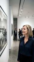 Middle-aged Caucasian woman in navy blouse admiring artwork in contemporary art gallery with white walls and track lighting during exhibition opening.