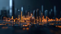 Glowing orange financial chart bars rise against dark cityscape background, creating futuristic data visualization for business analytics and market trends.