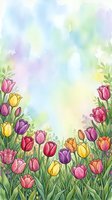 Watercolor spring tulip garden with colorful blooms framing a soft pastel sky, perfect for greeting cards, posters, and seasonal designs.