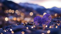 Purple glitter heart on dark surface with water drops and bokeh lights creating romantic atmosphere, suitable for Valentine's Day designs and love themes.
