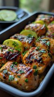 Grilled honey glazed chicken drumsticks garnished with fresh herbs and lemon slices, served in dark baking dish. Perfect for recipe websites, food blogs and culinary advertising.