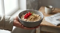 Person holding warm oatmeal bowl topped with red berries and granola. Steaming breakfast cereal in ceramic dish, ideal for healthy eating and wellness content.