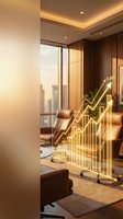 Luxury high-rise apartment interior with glowing financial growth chart overlay showing upward trending arrow and bar graph, symbolizing investment success and wealth accumulation.