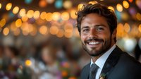 Confident Hispanic businessman with beaming smile at evening event, wearing black suit against warm bokeh lights background, professional portrait.