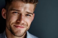 Handsome young Caucasian businessman with beard smiling confidently at camera in professional headshot for corporate marketing and business communications.