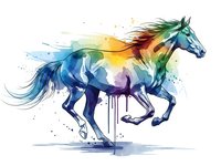 Colorful watercolor horse in motion with rainbow splashes and paint drips on white background for artistic designs and creative projects.