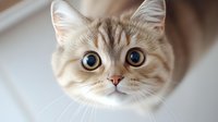 Close up portrait of curious cream colored British shorthair cat with bright blue eyes looking up at camera against light background.