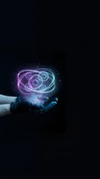 Glowing neon brain hologram floating above open palm against dark background representing artificial intelligence, neuroscience and mental health concepts.