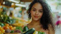 Young mixed-race woman with curly hair shopping for fresh vegetables and fruits at grocery store produce section, holding organic cucumber and greens.