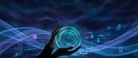 Hand holding glowing cyan holographic sphere with digital data streams and futuristic interface elements on dark blue technology background.