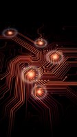 Glowing orange circuit board with illuminated pathways and electronic connections on dark background for technology and digital innovation concepts.