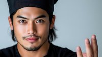 Young Asian male chef in black uniform and hat gesturing with hand against light background, confident professional expression and modern culinary style.