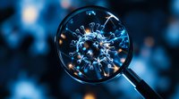 Magnified view of coronavirus cell through microscope lens on blue background with bokeh lights, showing detailed viral structure and spikes.