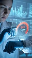 Professional woman analyzing critical risk data on futuristic holographic interface with glowing charts and dashboard in modern technology environment.