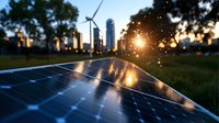 Solar panel at sunset with urban skyline and wind turbine silhouettes in background, lens flare effect creates magical atmosphere. Green energy concept.