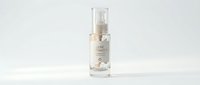 Luxe essence serum in clear glass bottle with pump dispenser on white background, isolated product shot for skincare branding and cosmetic packaging design.