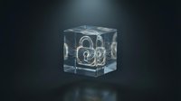 Clear acrylic cube with glowing neon lock symbol etched inside, isolated on dark background. Perfect for cybersecurity, data protection, and technology concepts.
