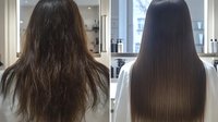 Before and after hair transformation showing frizzy, unmanaged hair becoming sleek, straight, and shiny in salon setting.