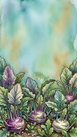 Watercolor illustration of kohlrabi vegetables with purple and white bulbs growing in garden soil, featuring soft blue and yellow sky background for culinary and agricultural design projects.