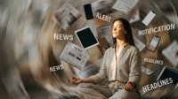 Young businesswoman meditating peacefully amid swirling digital news alerts and notifications, finding calm balance in chaotic information overload environment.