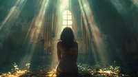 Young woman sitting alone in mystical abandoned church with dramatic sunbeams streaming through gothic window, surrounded by overgrown plants and ethereal atmosphere.