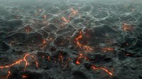 Glowing orange lava streams flow through dark volcanic rock surface creating dramatic pattern of molten magma against rough textured terrain in stormy atmosphere.