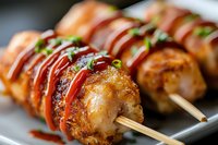 Grilled chicken yakitori skewers drizzled with sweet and spicy sauce, garnished with fresh herbs on dark plate, close-up view showing juicy texture and caramelization.