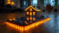 Glowing orange house hologram floating above smartphone on wooden surface with luminous light effects, modern real estate technology concept.