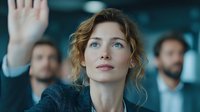 Young professional woman raising hand in modern office meeting with colleagues in background for business presentations and workplace communication.