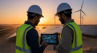 Two male engineers in safety gear analyzing renewable energy data on tablet at solar farm with wind turbines during golden hour sunset for sustainable power project.
