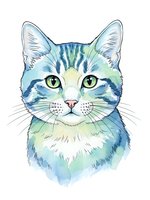 Watercolor cat portrait with green eyes and blue fur isolated on white background for pet artwork and design projects.