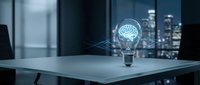 Glowing brain lightbulb with digital connections floating above modern office desk at night with city skyline background representing innovation and creative thinking.