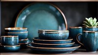 Elegant ceramic dinnerware set in deep teal blue with copper trim against dark background, featuring plates, bowls and cups with textured glaze finish.